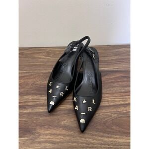 Karl Lagerfeld Paris Black Leather Slingback Kitten Heels Gold Charms Pointed 7